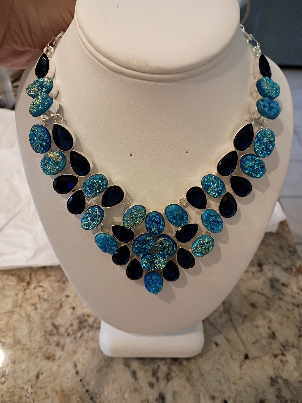 Blue Druzy And  Blue Topaz Stones Statement Necklace